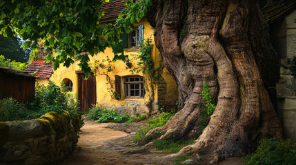 Obraz premium A beautiful scene of an old tree in a picturesque village, symbolizing history and connection to nature.