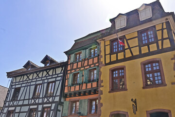 Case e strade del villaggio di Riquewihr, Alsazia, Francia, Alto Reno, Grand Est