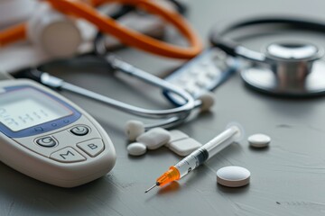 Medicine, Diabetes, Glycemia, Health care and people concept - close up of lancelet, Glucose meter and stethoscope on gray background.