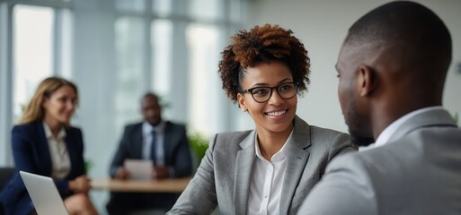 Friendly young businesswoman company executive interviewing black african male candidate for job vacancy, diverse business people meeting in office. Human resources, recruitment, employment concept