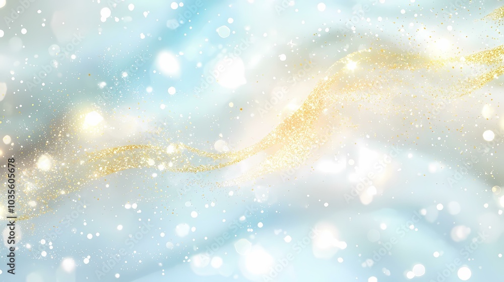 Poster the image is a light blue and gold background with bokeh and glitter. a light blue background with a