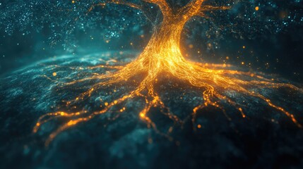 An abstract image of a tree with roots entwining the Earth's core, glowing with energy, symbolizing their vital relationship