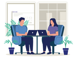 Two people sitting with laptops - People in office sitting in char working on computers together in office. Flat illustration.