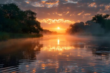 Serene Sunrise Over a Misty River Landscape
