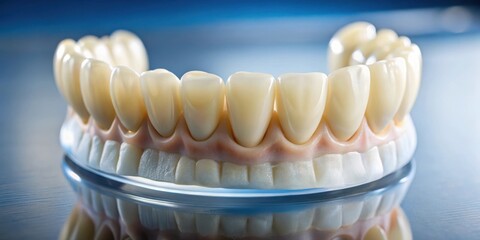 Fototapeta premium Closeup of a dental model showcasing a full set of pearly white teeth, demonstrating the meticulous craftsmanship and natural aesthetic of modern dental prosthetics.