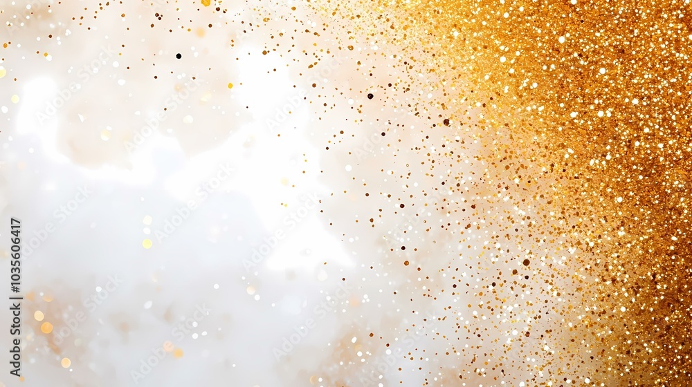 Poster the image is of a blurred white background with gold glitter scattered over it. the glitter is conce