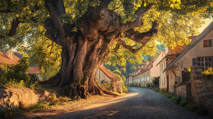 A beautiful scene of an old tree in a picturesque village, symbolizing history and connection to nature.