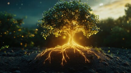 A glowing tree standing on the surface of a globe, with roots wrapping around the planet, symbolizing the Earth's nurturing power for all life