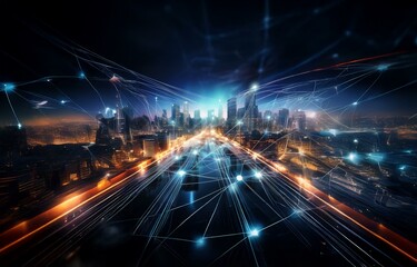 Fototapeta premium Nighttime cityscape with glowing lights and a network of lines connecting buildings.