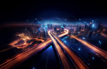 A night cityscape with towering buildings, illuminated by neon lights and connected by a web of glowing lines.