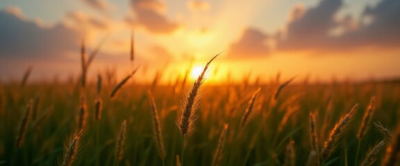 Naklejka premium A stunning sunset casting warm golden light over a vast wheat field, with the wheat glowing in the foreground. The image evokes tranquility, beauty, and the peacefulness of rural life.
