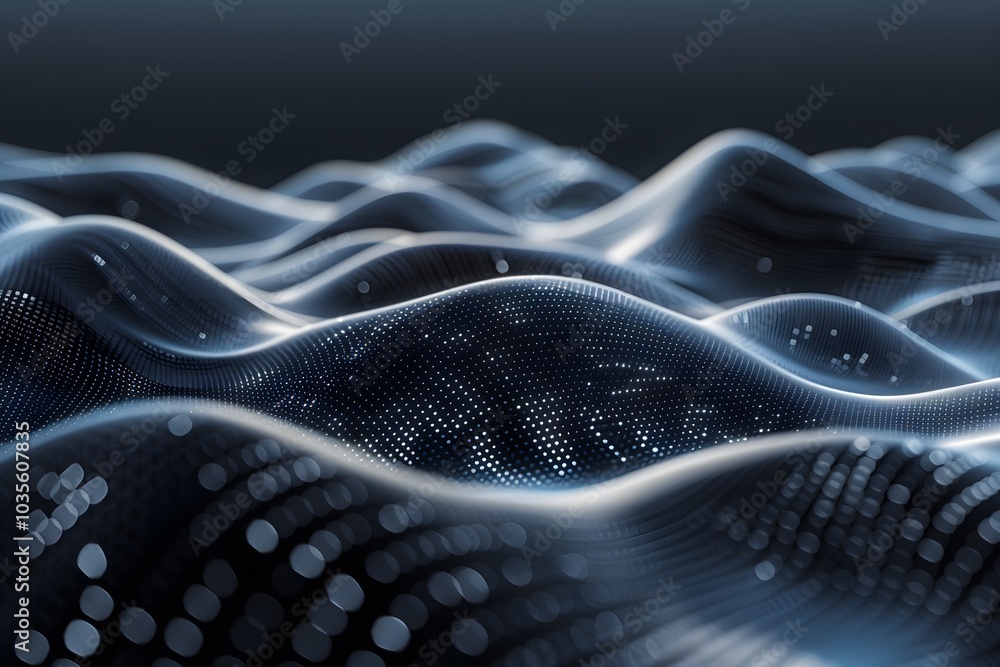 Poster abstract digital waves with glowing dots in a dark background