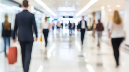 Busy airport terminal with travelers in motion blur