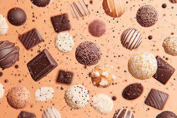 Floating assorted chocolate truffles and candies in mid-air against peach-colored background