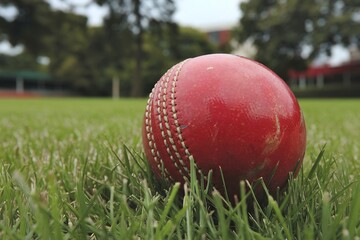 A red cricket ball placed on a lush green grassy field