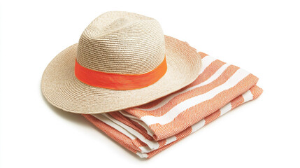 Summer Straw Hat and Beach Towel with Orange Stripes   Vacation Essentials