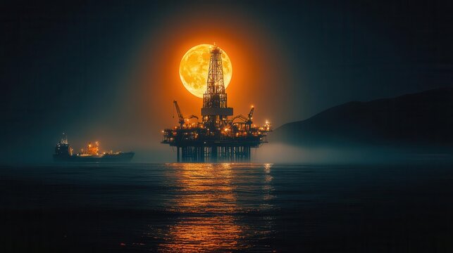 a striking night scene of an illuminated oil rig standing out against the dark sea showcasing the juxtaposition of industrial strength and natural beauty under the moonlight