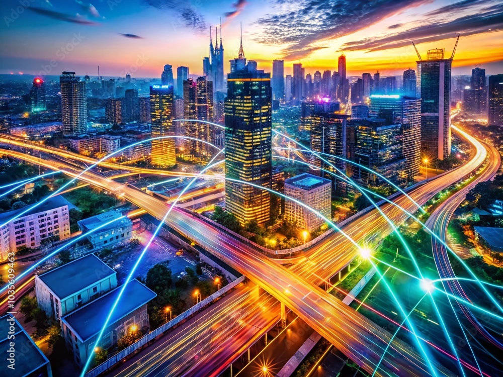 Aufkleber aerial view of data transfer and storage networks in motion - digital data flow and big data transmi