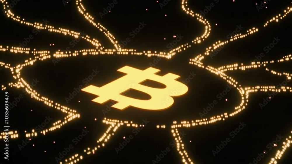 Poster glowing bitcoin symbol at center of digital chains network. blockchain, decentralized finance, crypt