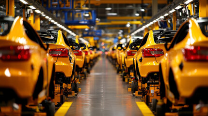 Obraz premium Automated assembly line showcasing yellow cars in factory setting, highlighting efficiency and precision of modern manufacturing processes