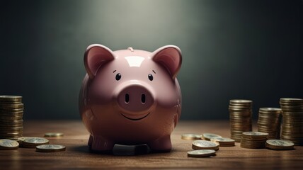 A pink piggy bank with a happy face sits on a wooden table surrounded by stacks of gold coins.