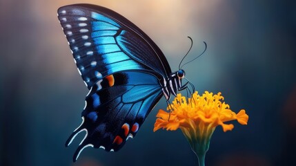 Vibrant Blue Butterfly on a Bright Orange Flower in a Natural Garden Setting