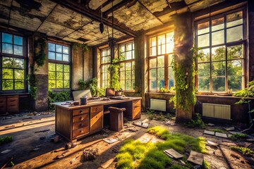 Fototapeta premium Urban Exploration of Abandoned Payroll Offices in a Decaying Cityscape