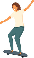 Young woman is confidently riding a skateboard with her arms outstretched for balance