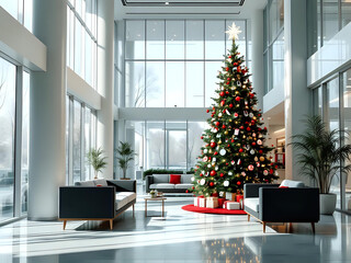 Hospital lobby with a large decorated Christmas tree, modern furniture, and natural light creating a festive atmosphere