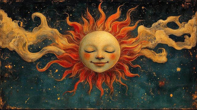 a vintage illustration of an esoteric smiling sun radiates warmth and positivity adorned with intricate patterns and colors evoking a sense of joy and whimsy in a nostalgic style