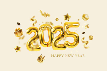 Gold balloons 2025 with confetti, gold mirrored balloon party, stars, gifts and golden snake on a light beige background. Happy New Year 2025 creative. Golden Snake