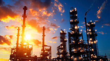 image showcases stunning industrial landscape featuring refinery silhouetted against vibrant sunset. scene captures intricate structures of refinery, with smoke and steam rising into colorful sky,