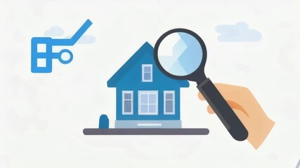 A hand holds a magnifying glass over a blue house, suggesting a search for details in real estate visualization.