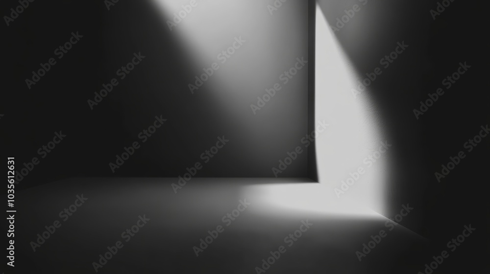 Poster a minimalist corner with contrasting light and shadow creating a dramatic atmosphere.