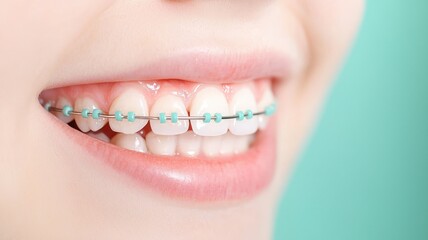 Obraz premium Close-up of a smiling person with braces, showcasing a beautiful smile on a teal background.