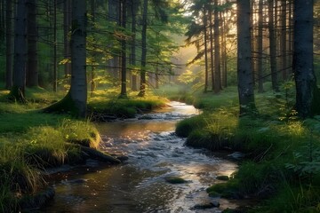 Fototapeta premium Serene Forest Stream at Dawn: A Tranquil Nature Scene