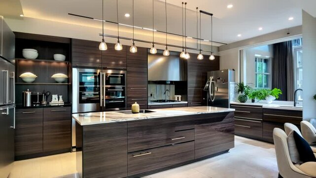 A sleek modern kitchen showcasing elegant design and organized space with stylish lighting and high-end appliances.