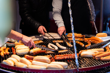 Grilled sausages at Christmas Market at Copenhagen, Denmark.