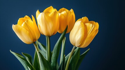 Vibrant yellow tulips blue background