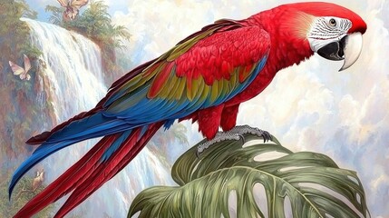 Obraz premium Vibrant Macaw Perched Amidst Lush Tropical Foliage and Cascading Waterfall