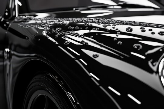 Black Car Paint Surface with Hydrophobic Ceramic Coating, Water Droplets Close-up