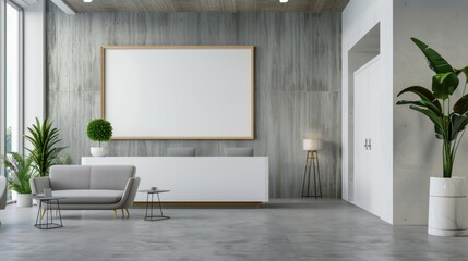 Modern minimalist living room interior design with blank canvas and plants