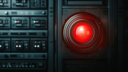 Fototapeta premium A close-up of a red light on a futuristic control panel, symbolizing advanced technology and artificial intelligence in modern systems.