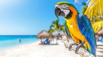 Colorful Macaw Parrot Perched on Tree Branch Against Tropical Beach Backdrop