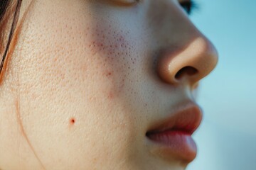 Blackhead Problem on Asian Woman's Face. Close-up Image of Acne and Large Pores on Dry Skin