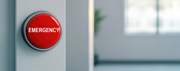 Red emergency button on a wall indicating safety protocol in a building. Essential for quick response in emergencies.