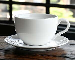 Obraz premium White cup and saucer sitting on a table in front of a window - Outdoor