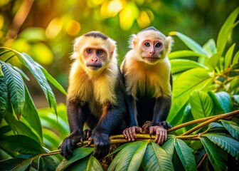 Obraz premium Aerial View of Two Capuchin Monkeys in Costa Rican Jungle