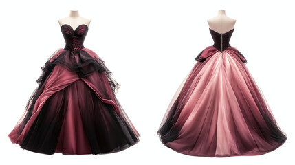 Obraz premium strapless ball gown mockup showcasing both front and back views, contrasting materials such as satin and organza, on a transparent backgrounds