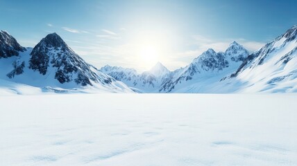 Fototapeta premium A serene winter landscape featuring majestic snow-covered mountains under a clear blue sky, with the sun rising above the horizon.